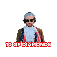 a man in an american flag outfit is holding playing cards and the words 10 of diamonds are above him