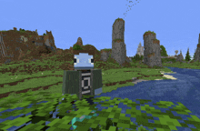 a minecraft character is standing in a swamp with a river in the background