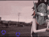 a video game character wearing a helmet with a shield on his head