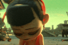 a close up of a cartoon character looking down