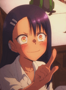 a close up of a cartoon character giving the middle finger