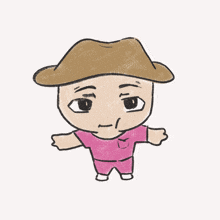a cartoon drawing of a man wearing a hat and a pink shirt
