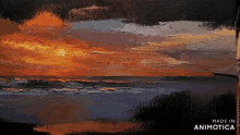a painting of a sunset with the words made in animotica below it