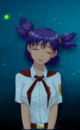 a girl with purple hair is wearing a white shirt and a red bow tie