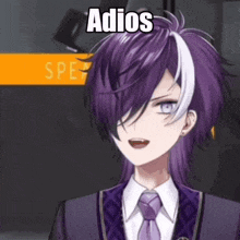 a man with purple hair and white stripes is wearing a purple suit and tie .