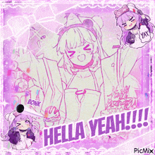 a picture of a girl with the words hella yeah written on it