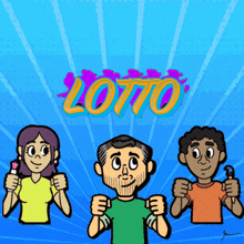 a group of people are standing in front of a blue background that says lotto