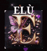 the letter e is decorated with butterflies and hearts