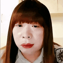 a close up of a woman 's face with long hair and red lips .