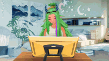 a pixel art drawing of a girl with green hair sitting in front of a monitor