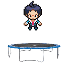a pixel art character is jumping on a blue trampoline