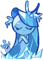 a cartoon drawing of a girl with long blue hair and pearls on her head