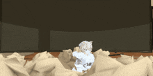 a cartoon character is surrounded by a pile of crumpled papers