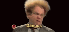 a man with curly hair and glasses named dangus