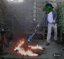 a cartoon of a crocodile standing next to a fire with a 3look sticker on the bottom