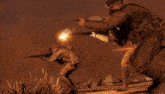 a group of soldiers are standing in the desert with guns in their hands