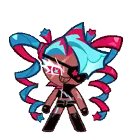 a cartoon character with blue and red hair and ribbons