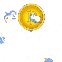 a gold coin with the letter b on it surrounded by penguins