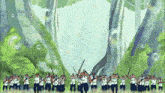 a group of people holding swords in a forest with bubbles in the background