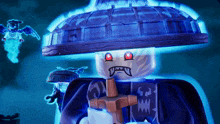 a cartoon character with a sword and a hat with the number 52 on it
