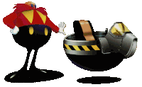 a cartoon character standing next to a black object