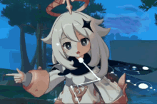 a cartoon character with a ring around her head pointing at something