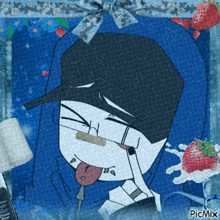 a drawing of a person with a bandage on their face and a strawberry in the background