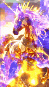 a unicorn with a purple mane is surrounded by fire