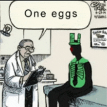 a cartoon of a doctor talking to a patient who is wearing a green bunny outfit