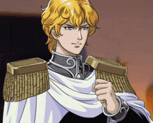 a cartoon of a man with a white cape and gold epaulets