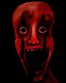 a painting of a scary red face with tears coming out of it 's eyes