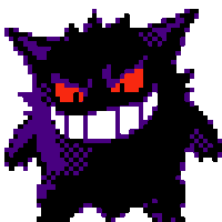 a pixel art of a purple and black monster with red eyes and teeth .