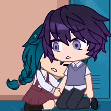 a boy with purple hair and a girl with blue hair are hugging each other
