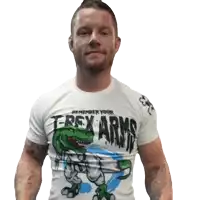 a man is wearing a shirt that says remember your trex arms