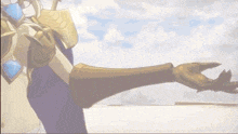a close up of a person 's arm with a cloudy sky behind it