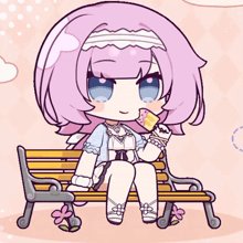 a girl with pink hair is sitting on a bench eating an ice cream cone