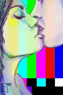 a drawing of a woman kissing a man with the letter t in the corner