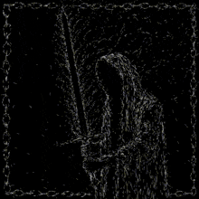 a drawing of a person holding a sword with a chain around them
