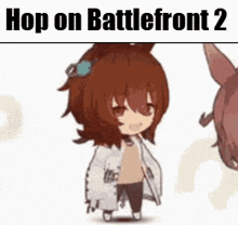 a cartoon of a girl standing next to a horse with the words `` hop on battlefront 2 '' above her .