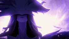 a close up of a person with purple hair and a purple hat .