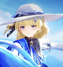 a girl with blonde hair and blue eyes wearing a hat