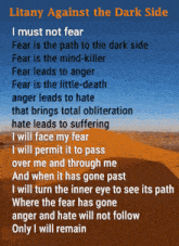 a poem titled " litany against the dark side " with a desert in the background