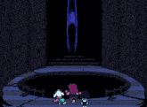a pixel art of a person standing in front of a blue lightning bolt