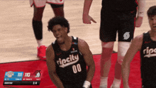 a basketball player wearing a ripcity jersey laughs