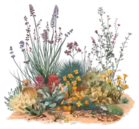 a painting of a desert landscape with flowers and rocks