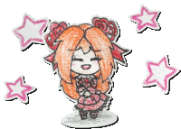 a drawing of a girl with red hair and pink stars surrounding her