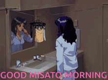 a woman brushing her teeth in front of a mirror with the words good misato morning behind her