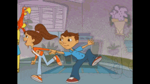 a cartoon of a boy and a girl with a parrot behind them