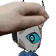 a hand is holding a cartoon character 's head with one eye .