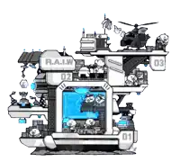 a cartoon drawing of a building that says r.a.i.w on it